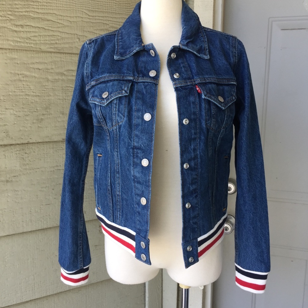NWT Levi’s Rib Trim Trucker Varsity Denim Jean Jacket Brick/Mortar NEW - Picture 3 of 16